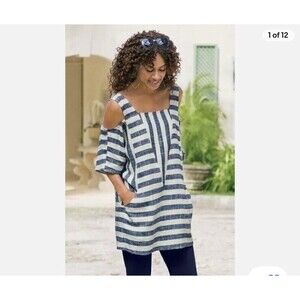 Soft Surroundings Women's Sunset Striped Cold Shoulder Linen Tunic Top Medium